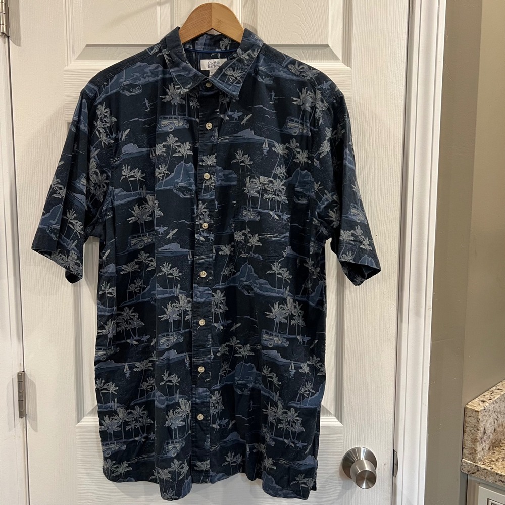 Croft & Barrow Mens XL Tall Navy Blue Tropical Palm Tree Woodie Wagon Shirt